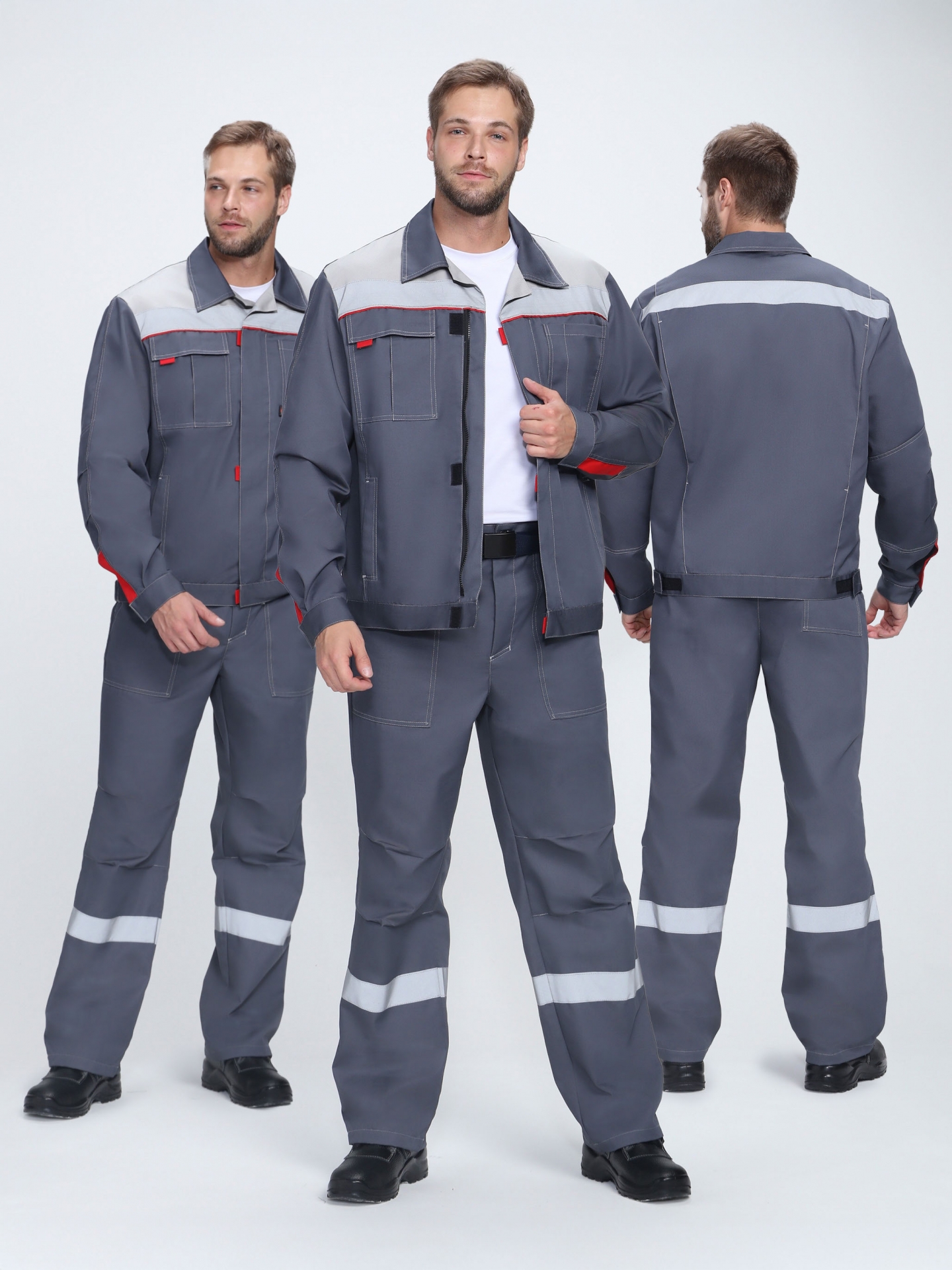 Костюм Флофт-1 Премиум СОП (тк.Смесовая,240) брюки, т.серый/серый/красный
